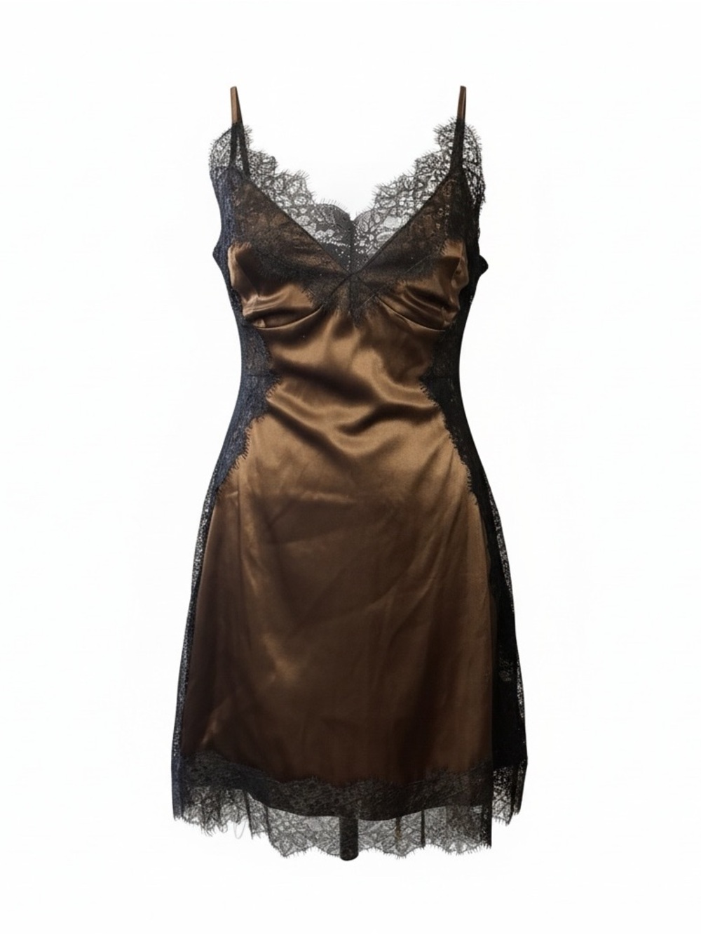 AKIRA Chocolate Brown Satin Slip Dress with Black Lace Trim